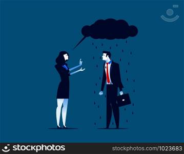 Business person talking with black rain cloud speech bubble. Concept business vector illustration.