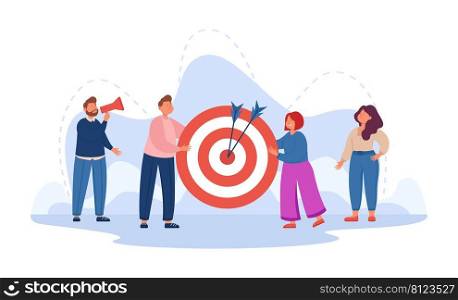 Business persons holding target with arrows. Team of people with marketing strategy flat vector illustration. Achievement, goal, challenge, success concept for banner, website design or landing page