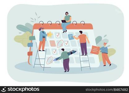 Business persons planning meeting schedule using huge calendar. Office people or students managing work, posting social media content flat vector illustration. Time management, education, job concept