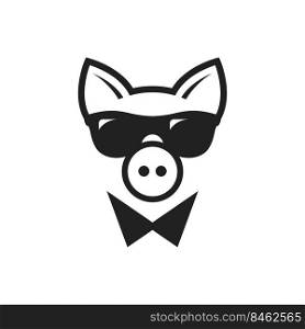 Business pig face in dark glasses and a bow tie. Cute kawaii avatar, mascot icon. Flat vector illustration isolated on white background.. Business pig face, cute kawaii avatar. Flat vector illustration isolated on white