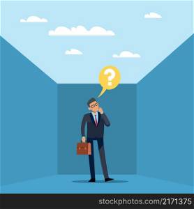 Business pitfall. Difficult task. Confused businessman in suit thinking about trouble, question mark, solving problems and finding new business opportunities vector cartoon flat style isolated concept. Business pitfall. Difficult task. Confused businessman in suit thinking about trouble, question mark, solving problems and finding new business opportunities vector isolated concept