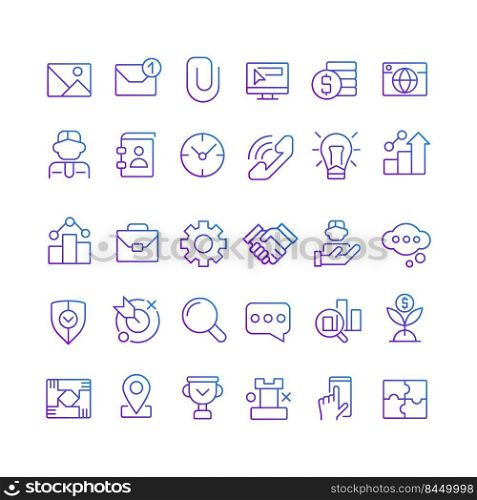 Business pixel perfect gradient linear vector icons set. Commerce and finance. Digitalization and innovations. Thin line contour symbol designs bundle. Isolated outline illustrations collection. Business pixel perfect gradient linear vector icons set