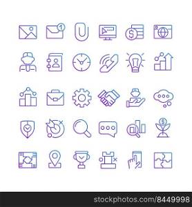 Business pixel perfect gradient linear vector icons set. Commerce and finance. Digitalization and innovations. Thin line contour symbol designs bundle. Isolated outline illustrations collection. Business pixel perfect gradient linear vector icons set