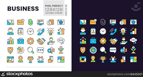 Business pixel perfect light and dark theme color icons set. Commerce and finance. Digitalization. Simple filled line drawings. Bright cliparts on white and black. Editable stroke. Poppins font used. Business pixel perfect light and dark theme color icons set