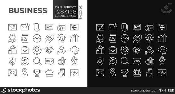 Business pixel perfect linear icons set for dark, light mode. Commerce and finance. Digitalization. Thin line symbols for night, day theme. Isolated illustrations. Editable stroke. Poppins font used. Business pixel perfect linear icons set for dark, light mode
