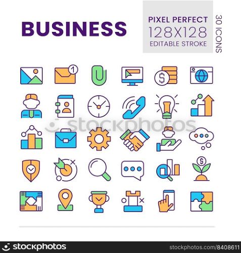 Business pixel perfect RGB color icons set. Commerce and finance. Digitalization. Isolated vector illustrations. Simple filled line drawings collection. Editable stroke. Poppins font used. Business pixel perfect RGB color icons set