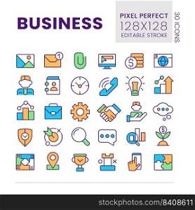 Business pixel perfect RGB color icons set. Commerce and finance. Digitalization. Isolated vector illustrations. Simple filled line drawings collection. Editable stroke. Poppins font used. Business pixel perfect RGB color icons set