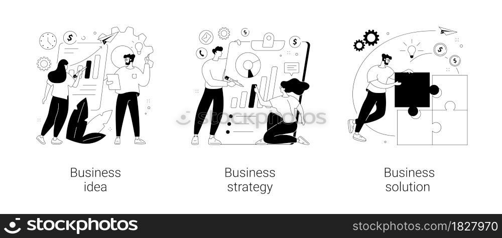 Business plan abstract concept vector illustration set. Business idea, strategy and solution, company achievement, problem solving, decision making, effective performance, roadmap abstract metaphor.. Business plan abstract concept vector illustrations.