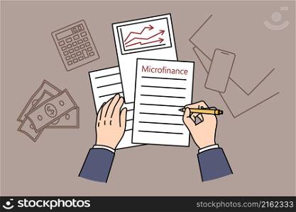 Business plan and microfinance concept. Top view and flat-lay of businessman hands making notes on microfinance plan strategy development counting expenses on table vector illustration. Business plan and microfinance concept.