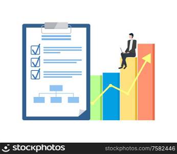 Business plan and statistical chart, entrepreneur with laptop vector. Notepad with check marks and scheme, businessman sitting on graphic and growth arrow. Business Plan and Statistical Chart, Entrepreneur