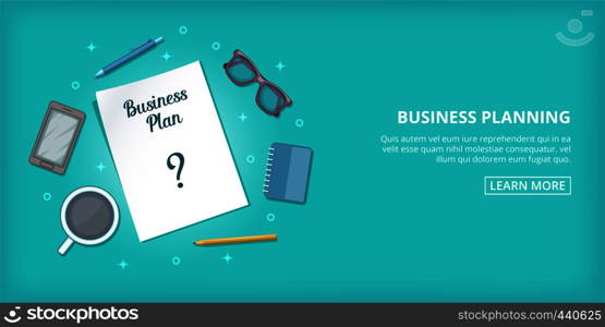 Business plan banner horizontal concept. Cartoon illustration of Business plan banner horizontal vector concept for web. Business plan banner horizontal, cartoon style