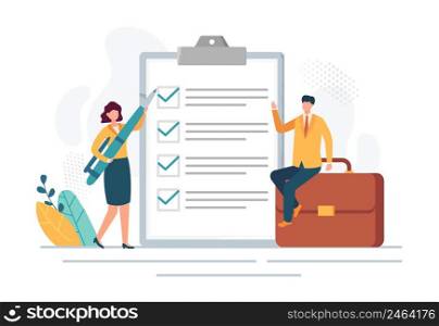 Business plan checklist, management and organization. Vector business checklist to organization and management, illustration of schedule. Business plan check list, management and organization