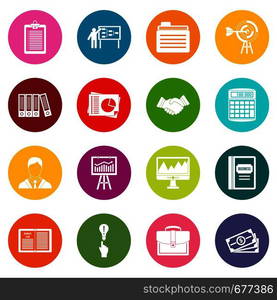 Business plan icons many colors set isolated on white for digital marketing. Business plan icons many colors set