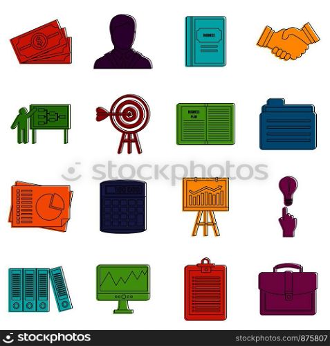 Business plan icons set. Doodle illustration of vector icons isolated on white background for any web design. Business plan icons doodle set