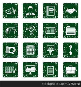 Business plan icons set in grunge style green isolated vector illustration. Business plan icons set grunge
