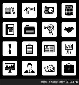 Business plan icons set in white squares on black background simple style vector illustration. Business plan icons set squares vector