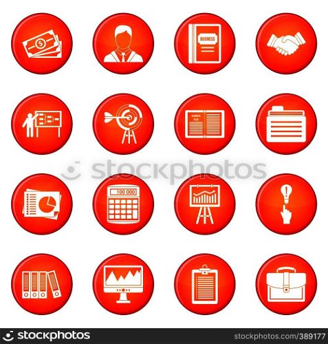 Business plan icons vector set of red circles isolated on white background. Business plan icons vector set