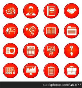 Business plan icons vector set of red circles isolated on white background. Business plan icons vector set