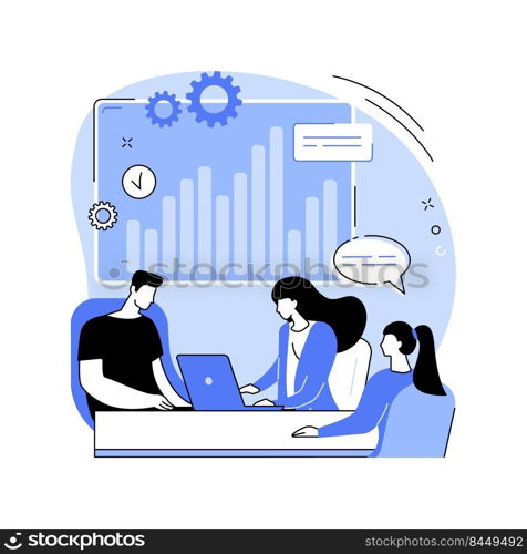 Business plan isolated cartoon vector illustrations. Group of young people discussing new business plan idea with laptop in office, entrepreneurship management, startup strategy vector cartoon.. Business plan isolated cartoon vector illustrations.