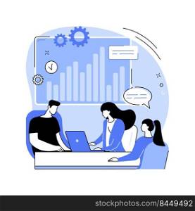 Business plan isolated cartoon vector illustrations. Group of young people discussing new business plan idea with laptop in office, entrepreneurship management, startup strategy vector cartoon.. Business plan isolated cartoon vector illustrations.