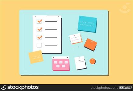 Business plan list and notes illustration. Board with project presentation sheets marketing work of new project successful financial investments development and planning vector business.. Business plan list and notes illustration. Board with project presentation sheets marketing work of new project.