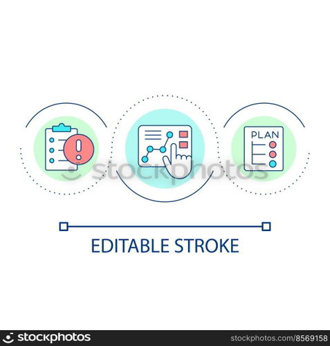 Business plan loop concept icon. Data analysis presentation. Crisis management project abstract idea thin line illustration. Isolated outline drawing. Editable stroke. Arial font used. Business plan loop concept icon
