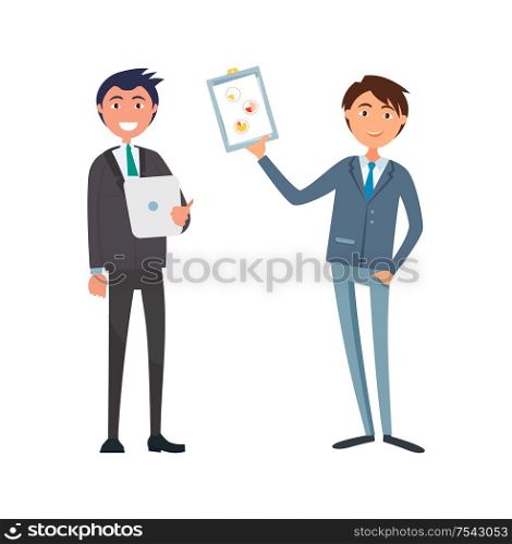 Business plan of businessman, manager using tablet vector. Company workers, director and chief executive. Strategy planning, statistics with charts. Business Plan of Businessman, Manager Using Tablet