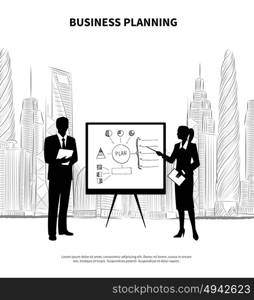 Business Plan Presentation.. Businessman and businesswoman with flipchart presentation on modern city background vector illustration