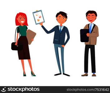 Business plan presentation, working woman and man vector. Businessman and businesswoman with documents, boss showing paper with strategy planning. Business Plan Presentation, Working Woman and Man