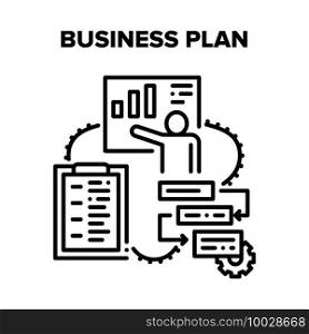Business Plan Vector Icon Concept. Business Plan And Development Working Process, Presentation Growth Profit And Marketing Planning Checklist. Company Financial Strategy Black Illustration. Business Plan Vector Black Illustrations