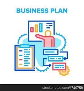 Business Plan Vector Icon Concept. Business Plan And Development Working Process, Presentation Growth Profit And Marketing Planning Checklist. Company Financial Strategy Color Illustration. Business Plan Vector Concept Color Illustration