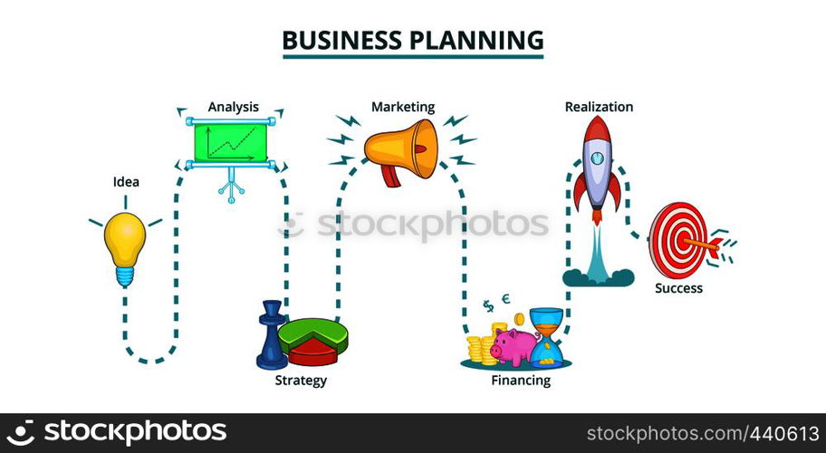 Business plan way banner horizontal concept. Cartoon illustration of Business plan way banner horizontal vector concept for web. Business plan way banner horizontal, cartoon style