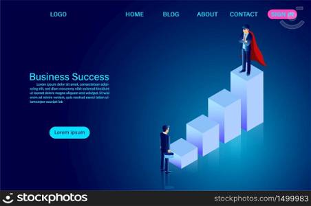 business planing and success concept. businessman standing on growth graphics. flat isometric vector illustration