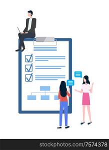 Business planning and entrepreneurs vector, communication and Internet research. Man in office suit and women talking, notepad with checklist and scheme. Business Planing and Entrepreneurs, Communication