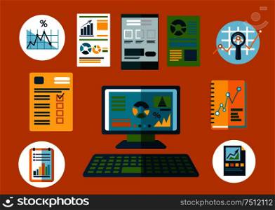 Business planning and financial reports flat icons with desktop computer, notebooks and papers with financial graphs or charts , supplemented by notes, agenda list and magnifying glass. Business and financial planning flat icons