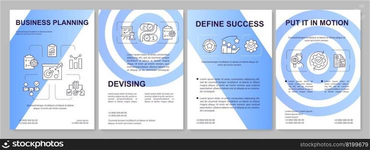 Business planning blue gardient brochure template. Enterprise development. Leaflet design with linear icons. 4 vector layouts for presentation, annual reports. Arial, Myriad Pro-Regular fonts used. Business planning blue brochure template