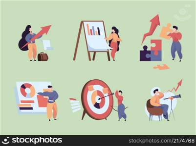 Business planning. Concept scenes with characters analyzing strategy solving problems making business solution marketing garish vector flat. Illustration people leadership, plan success business. Business planning. Concept scenes with stylized characters analyzing strategy solving problems making business solution marketing garish vector flat metaphores