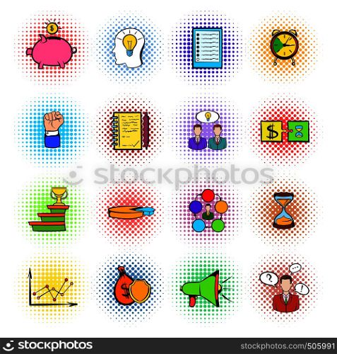 Business planning icons set in comics style isolated on white background. Business planning icons set