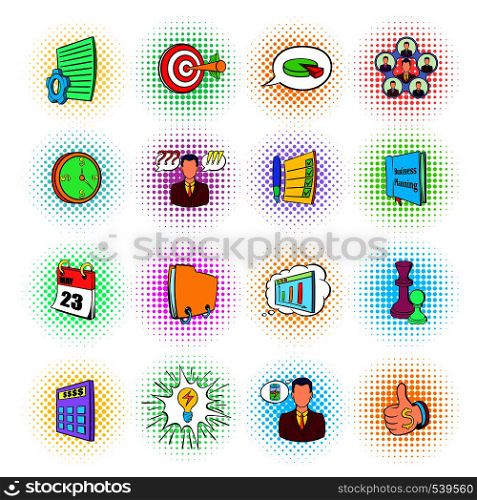 Business planning icons set in pop-art style isolated on white background. Business planning icons set