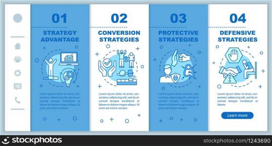 Business planning onboarding vector template. Achieving goals. Conversion funnel. Defensive strategies. Responsive mobile website with icons. Webpage walkthrough step screens. RGB color concept