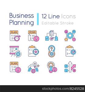 Business planning RGB color icons set. Developing strategy for corporate growth. Isolated vector illustrations. Simple filled line drawings collection. Editable stroke. Quicksand Light font used. Business planning RGB color icons set