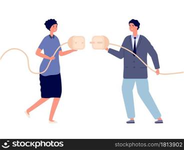Business power connection. Electricity powering, woman cooperation with man. Cable plug connect, intersexual partnership vector illustration. Business power wire, cord connected. Business power connection. Electricity powering, woman cooperation with man. Cable plug connect, intersexual partnership vector illustration