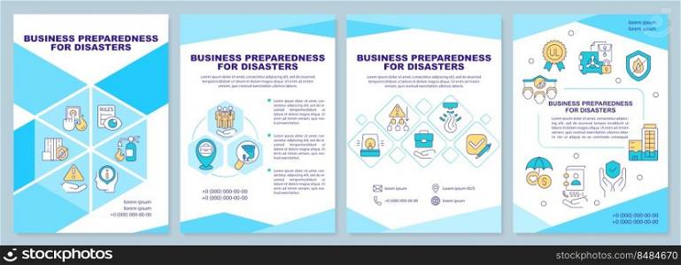 Business preparedness for disaster cyan brochure template. Leaflet design with linear icons. Editable 4 vector layouts for presentation, annual reports. Arial-Black, Myriad Pro-Regular fonts used. Business preparedness for disaster cyan brochure template