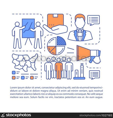 Business presentation article page vector template. Corporate training. Trade show. Brochure, magazine, booklet design element with linear icons. Print design. Concept illustrations with text space