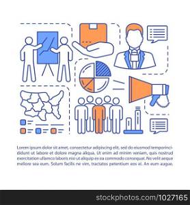Business presentation article page vector template. Corporate training. Trade show. Brochure, magazine, booklet design element with linear icons. Print design. Concept illustrations with text space