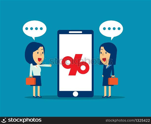 Business presentation beside smartphone with percentage future business. Concept business vector illustration. Flat business cartoon, Percentage sign, Technology, Presentation.