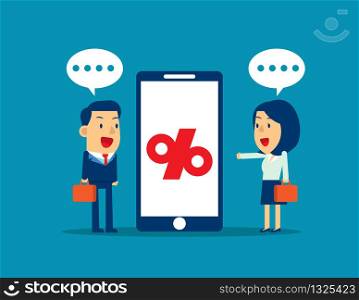 Business presentation beside smartphone with percentage future business. Concept business vector illustration. Flat business cartoon, Percentage sign, Technology, Presentation.
