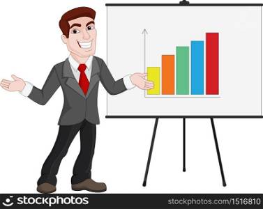 Business Presentation. Businessman Shows Statistics on Board