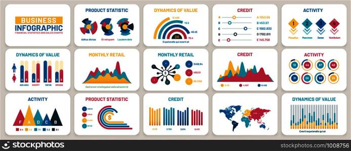 Business presentation charts. Finance reports, marketing data graphs and infographic template. Advertising diagram, statistic bar infochart or business growth info vector set. Business presentation charts. Finance reports, marketing data graphs and infographic template vector set
