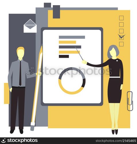 Business presentation concept . Businesswoman shows graphics.Business man with a pencil. Vector illustration. Business presentation concept .